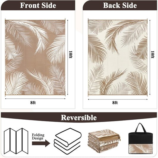 Pauwer Waterproof Outdoor Rug 8x10, Reversible Plastic Straw Patio Camping Rug, Indoor Outdoor RV Mat Carpet for Deck, Camper, Porch, Balcony, Backyard, Picnic, Leaf Brown