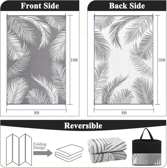 Pauwer Waterproof Outdoor Rug 8x10, Reversible Plastic Straw Patio Camping Rug, Indoor Outdoor RV Mat Carpet for Deck, Camper, Porch, Balcony, Backyard, Picnic, Leaf Grey