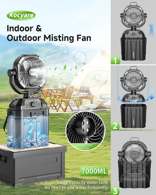 Misting fan with 7L bucket 90°Oscillating ,4 Spray Mister 25000mAh Rechargeable Camping fan with Remote Control Stepless Speed and Timer for Patios/Camping,Waterproof Design Outdoor Fans (Black)