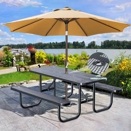 Heavy-Duty Park Bench or Table for Outside - Black Coated Outdoor Furniture Steel Bench, Commercial-Grade Outdoor Benches Weatherproof for Park, Patio, Porch (Black, 6FT (Rect. Table))