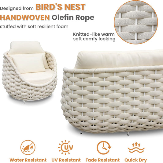 Woven Rope Outdoor Sofa Set: 5 Pieces Aluminum Patio Conversation Set Assembled - All Weather Cushioned Porch Furniture Couch - Modern Metal Lounge Set for Deck Yard Resort Hotel Sunroom, Beige