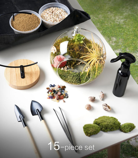 15-Piece Terrarium Kit with Live Moss â DIY Glass Globe Set with Tools, Soil, Stones & Spray Bottle â Indoor Mini Garden Gift for Plant Lovers, Home Decor & Zen Craft