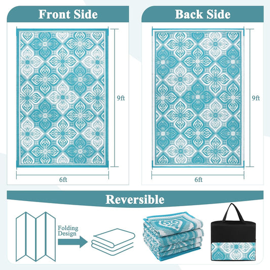 Pauwer Waterproof Outdoor Rug 6x9, Reversible Plastic Straw Patio Camping Rug, Indoor Outdoor RV Mat Carpet for Deck, Camper, Porch, Balcony, Backyard, Picnic, Clover Teal