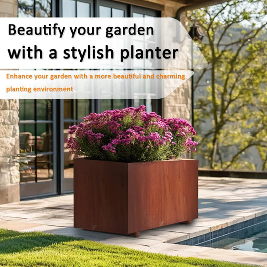 Corten Steel Planter w/Rust Patina Finish, Perfect for patios, terraces, and Commercial or Residential Settings, Cube Planter, 40in x 20in x 20in Outdoor Box beautifies Flowers, Trees, shrubs