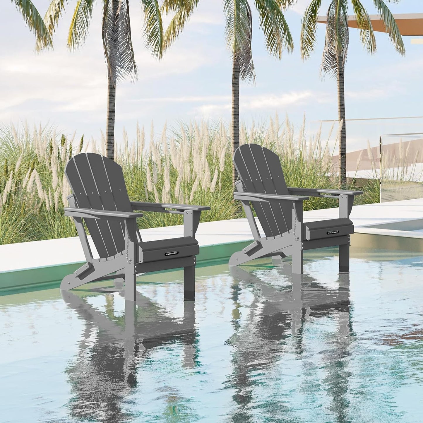 MUCHENGHY Folding Adirondack Chairs HDPE Weather Resistant 4 Pack, Patio Firepit Chairs, Sturdy Outside Chairs, Lawn Chairs, 15min Assembly 380lb Grey