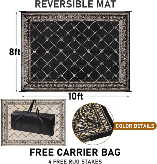 Outdoor Rug 8'x10' for Patios Waterproof Patio Rugs Outdoor Mats for Front Porch,Beach Mat,Reversible Plastic Straw Camping Rugs for Outside RV,Deck,Balcony,Backyard,Black&Beige