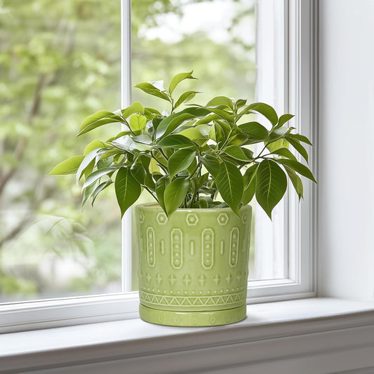 Ceramic Pot for Plants - 6 Inch Indoor Planter with Drainage Hole and Saucer, Round Decorative Flower Pots Outdoor, Boho Succulent Planter, Garden Home Decor, Gifts for Plant Lover, Green