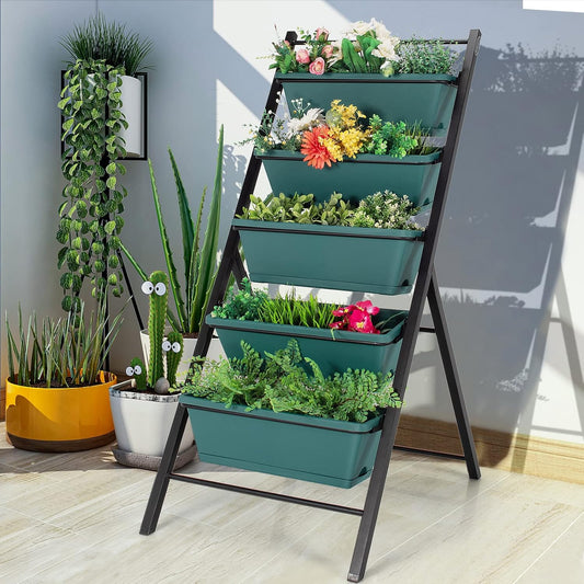 Giantex Set of 2 Vertical Planter Raised Bed, Elevated Garden Beds with Water Drainage Hole, Freestanding 5 Container Boxes for Herb Vegetables Flowers Growing, Outdoor Indoor Patio Balcony