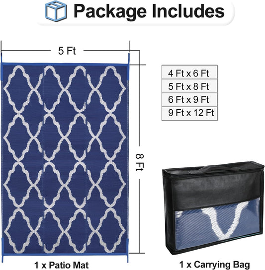 OutdoorLines Outdoor Plastic Area Rugs for Patio 5x8 ft - Reversible Outside Carpet, Stain & UV Resistant RV Mats, Straw Rug for Camping, Deck Garden, Porch and Balcony, Moroccan Navy & Light Grey