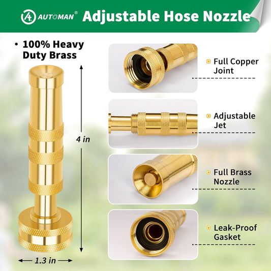 AUTOMAN Brass Hose Nozzle β High Pressure Jet Nozzles 2 Pack, Heavy Duty Sprayer for Garden Hoses, Adjustable Spray Gun, Solid Twist Water Hose Nozzle for Patio, Lawn, Car Wash, Extra 6 Rubber Washers