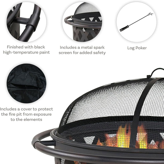 Sunnydaze Crossweave Outdoor Fire Pit - Wood-Burning Fire Pit for Outside with Spark Screen, Poker and Round Cover - 36-Inch - Black