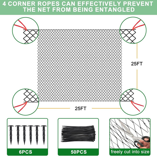 25'x25' Bird Netting for Chicken Coop, Nylon 3/4" Mesh Poultry Netting Chicken Net Roof Hawk, Aviary Net Deer Fence Pests Trellis Garden Nettings for Fruits Trees Plant