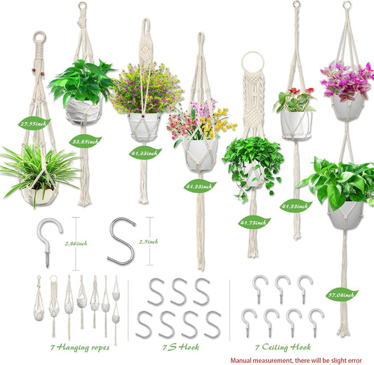 IGaiety Macrame Plant Hanger,7 Pack Plant Hanger Indoor Hanging Planters with 7Pcs Ceiling and S Hooks-Handmade Macromay Plant Hangers Outdoor Macrame Plant Holder for Boho Home Decor
