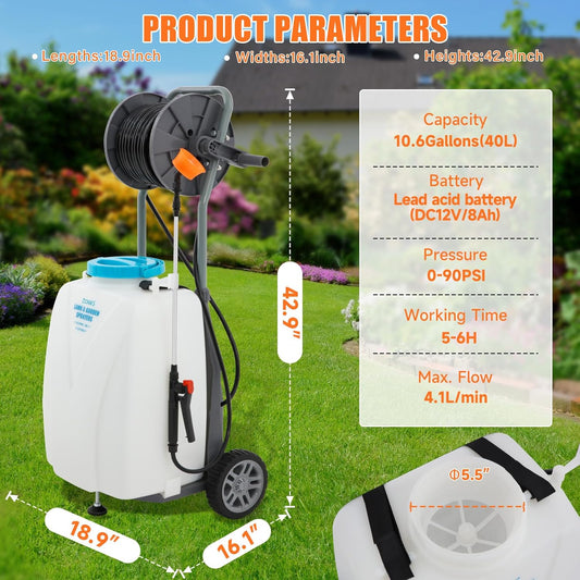 10.6 Gallon Battery Powered Sprayer with Wheeled Cart, 0-90PSI, 12V 8Ah Battery 5-6h Spray Time,98FT Hose with Reel,Adjustable HD Wand and 10 Nozzles for Weeding, Spraying, Cleaning