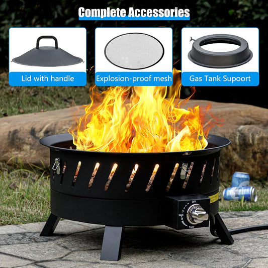 22 inch Portable Propane Fire Pits, Gas Fire Pit Bowl for Outside with Lid & Handle, Smokeless Gas Firebowl,Propane Firepit for Camping, Patio, Yard, Garden