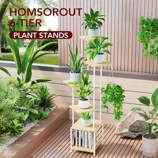 Plant Stand Indoor with Grow Light, 6-Tiered Tall Plant Stand Indoor, Metal Plant Shelf with Hanging Basket Hook and Adjustable Light, Ideal for Living Room, Garden, Patio, (Maple)