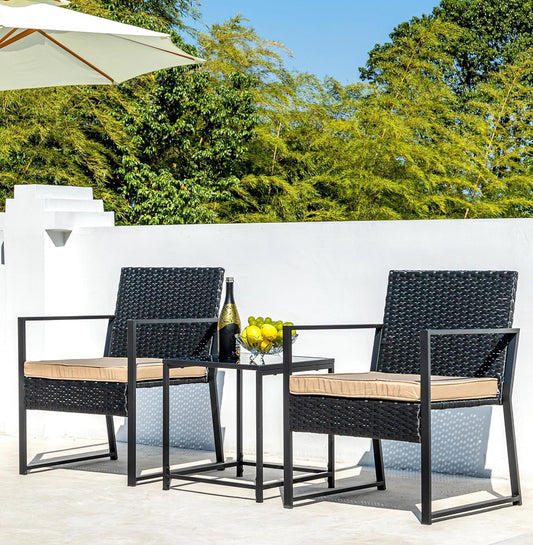 Patio Furniture Set,Wicker Bistro Set 3 Pieces Outdoor Furniture,Rattan Table and Patio Chairs Set for Balcony,Yard,Porch and Deck(Khaki