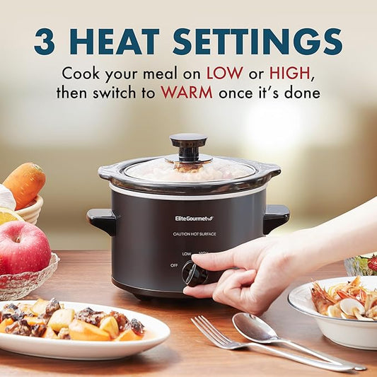 Elite Gourmet MST-250XBX Electric Slow Cooker Ceramic Pot, with Adjustable Temp, Entrees, Sauces, Soups, Roasts, Stews & Dips, Dishwasher Safe (1.5 Quart, Black)