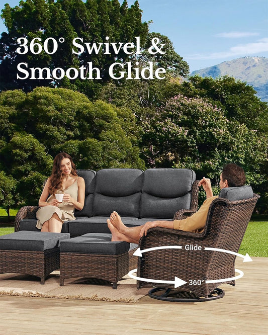 HILLGA Luxury Patio Furniture Set with 6-inch Thick Cushion, Outdoor Loveseat and High Back Swivel Rocker Patio Chairs, 6PCS Wicker Conversation Set for Deck Yard and Poolside, Dark Grey (V2)