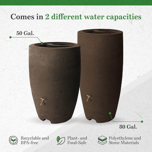 Algreen Plastic Rain Barrel, 50 Gallon Drum - Rainwater Tank w/Brass Spigot & Screen Guard for Rain Water Collection & Storage - Athena, Brownstone