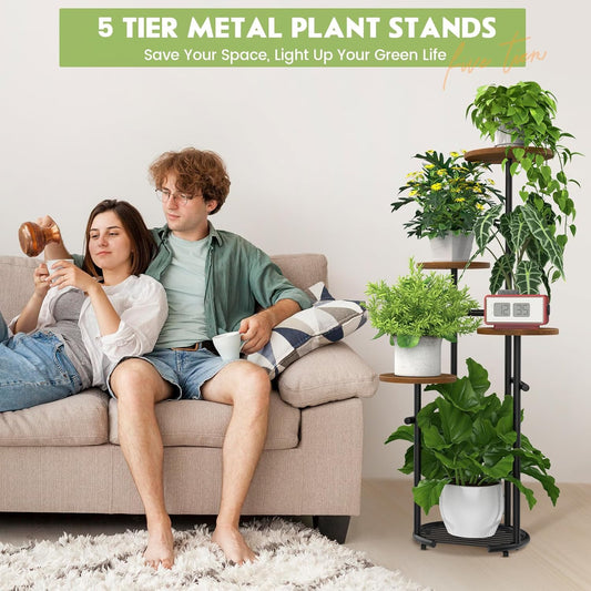 TOSKING 5 Tier Metal Plant Stand Indoor, Plant Shelf, Corner Shelf Flower Pot Stand for Outdoor Plant Stand for Living Room Balcony Garden Patio Bedroom (Black and Brown, 42in)