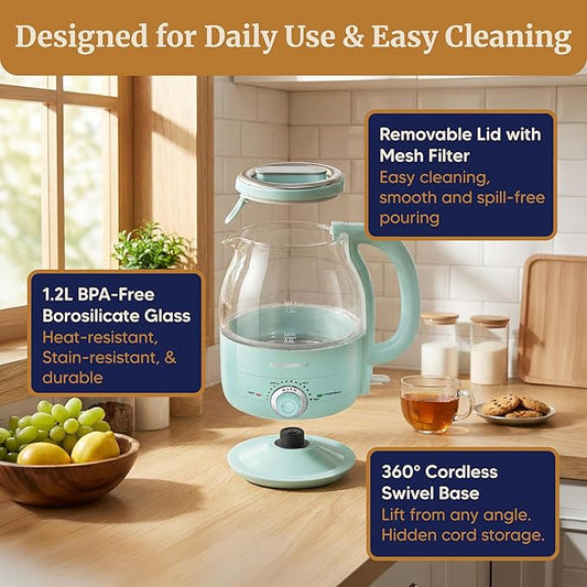 Elite Gourmet 1.2L Electric Glass Kettle, 1200W Fast Boil, Adjustable Temperature Control & Keep Warm, BPA-Free Borosilicate Glass, Auto Shut-Off & Boil-Dry Protection, 360° Cordless Base, Mint