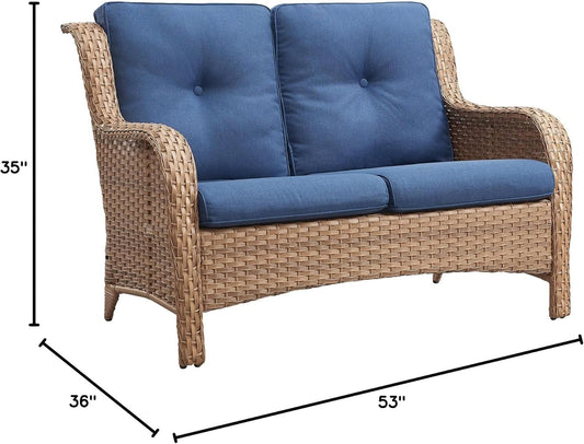 Outdoor Loveseat Patio Couch - 500 Lbs Weight Capacity Wicker Loveseat with High Backrest Wide Armrest, Small Patio Furniture Rattan 2 Seater Sofa for Balcony Deck Proch Poolside Yellow