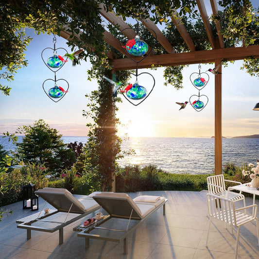 6 Pcs Heart-Shaped Hummingbird Feeder for Outdoors, Flexible Stackable Hand Blown Glass Humming Bird Feeders with 6 Adjustable Perch for Garden Tree Yard Patio Outdoors (Heart Shaped, Dotted Blue)