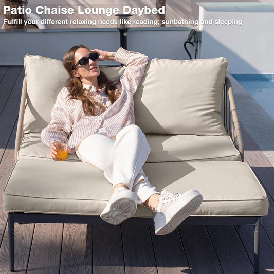 Patio Adjustable Daybed, 2-Person Outdoor Daybed with Cushions and Pillows, Woven Rope Patio Loveseat Garden Adjustable Reclining Chaise Lounge for Lawn