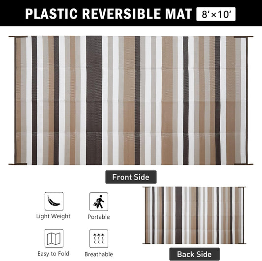 Outdoor Waterproof Rug 8'x10' Plastic Straw Rugs Washable Reversible Floor Mat Brown Stripe Carpet for Camping RV Deck Entryance Porch Picnic Balcony Beach Backyard