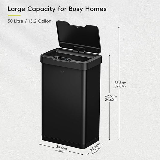 EKO Mirage-T 50 Liter / 13.2 Gallon Touchless Rectangular Motion Sensor Trash Can, Brushed Stainless Steel Finish (Matte Black)