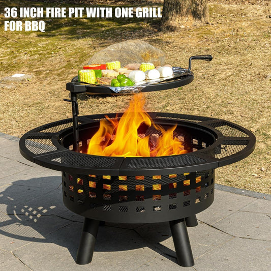 36 inch Outdoor Fire Pit with Grill,Wood Burning Firepits for Outside with Lid & Fire Poker,Metal 3-in-1 Fire Pit Table with Cooking Grate,Outdoor Fireplaces for Bonfire,Yard,BBQ(Jet Black)