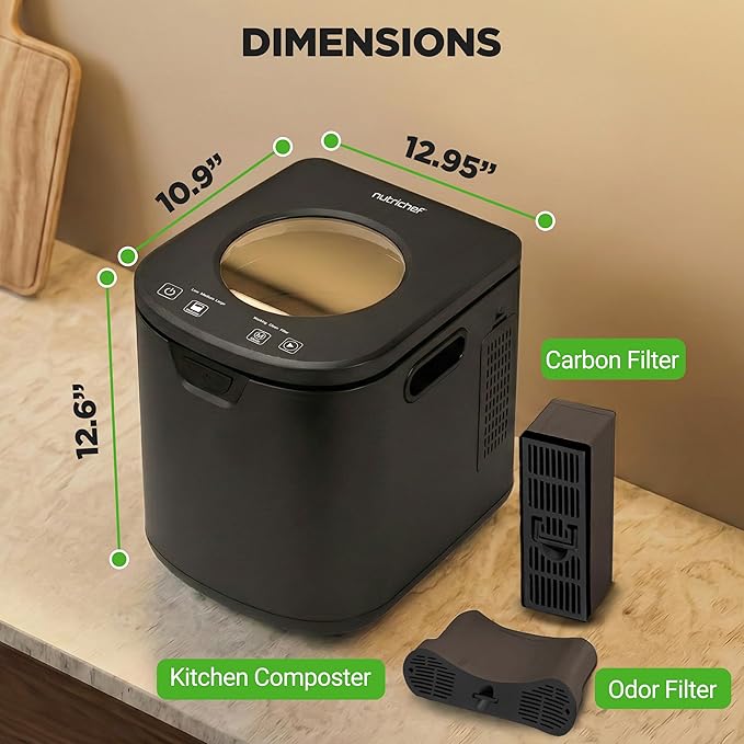 NutriChef 4 Quart Electric Kitchen Composter | Smart Countertop Composter Includes 2 Odorless Carbon Filters | Electric Compost Bin for Indoor Use | 3 Volume Based Modes Small, Medium & Large | Gray