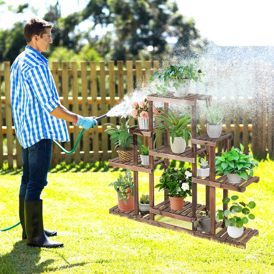 COSTWAY 6-Tier Multifunctional Wood Flower Stand, Shelf Holder for Multiple Plants, Freestanding Plant Rack for Garden, Patio, Balcony, Living Room, Indoor, Outdoor
