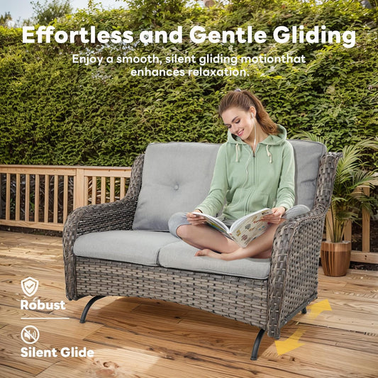 Spacious Outdoor Glider Bench - 500 LBS Weight Capacity Small Loveseat, 2 Seater Patio Gliders Furniture All Weather Wicker Couch with Removable Cushion for Deck Sunroom Balcony Backyard