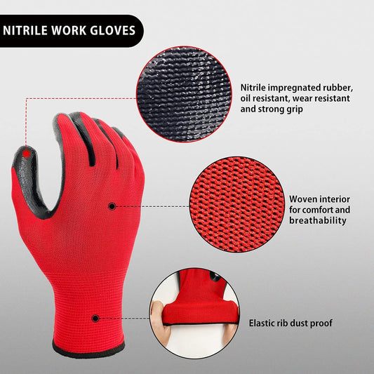 Evridwear Work Gloves with Grip Rubber Coated for Men Women Warehouse Mechanic,12 Pairs Bulk