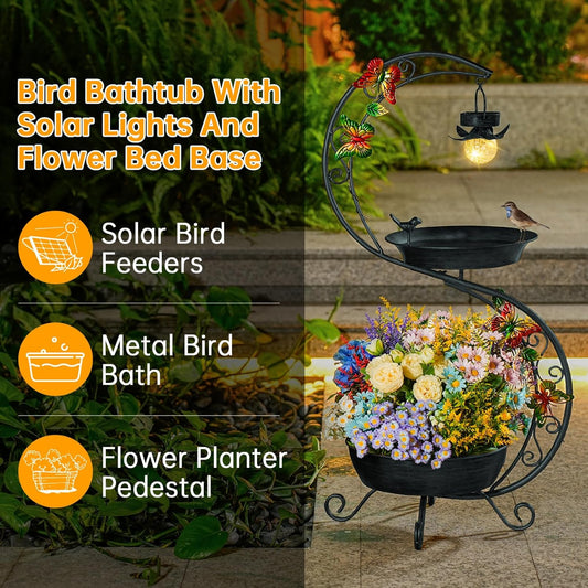 Bird Bath for Outside with Solar Lamp, 36" Birdbaths for Outdoors with Planter Flower Pot, Metal Bird Bath Bowl for Garden Yard Decor (All Black)