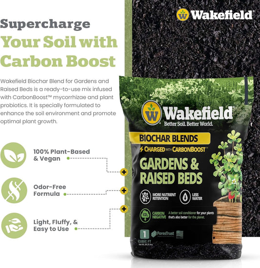 Wakefield Biochar Blend with CarbonBoostβ’ Technology β Enhanced Water & Nutrient Retention for Raised Bed Garden Soil - Ultimate Organic Potting Soil Mix for Vegetables, Gardens and Houseplants - 1CF