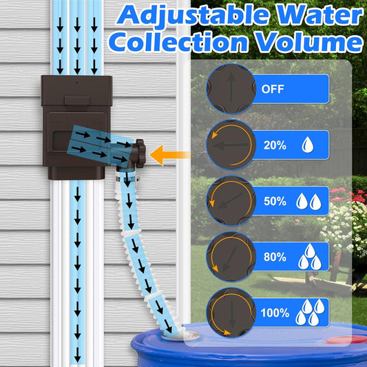 WADEO Rainwater Collection System, Downspout Diverter Fits for 2"x 3" or 3"x 4" Residential Downspouts, Rain Barrel Diverter Kit with Adjustable Valve and Filter, 5FT Hose, Brown