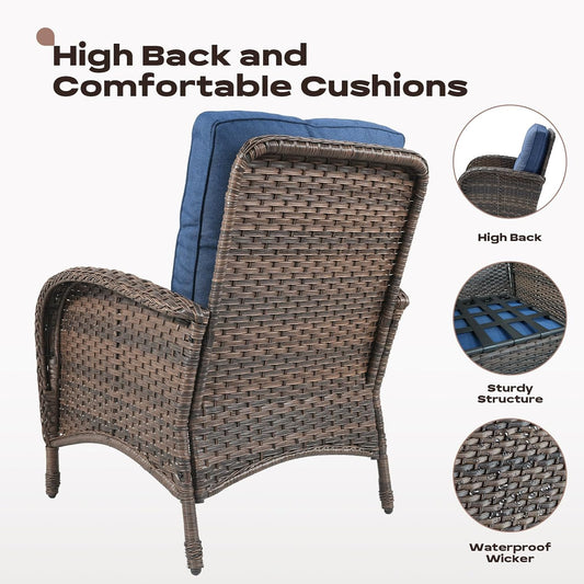 5 Piece Patio Furniture Set - Wicker Balcony Furniture Set with Hidden Ottomans, Rattan Outdoor Patio Chairs with Side Table for Porch Deck Poolside Garden Brown/Blue
