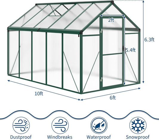 6x10 FT Greenhouse, Easy Assembly Aluminum Polycarbonate Greenhouses for Outdoors with Roof Vent and Ground Nails, Heavy Duty Aluminum Walk-in Greenhouse for Backyard, Sliding Lockable Door, Green