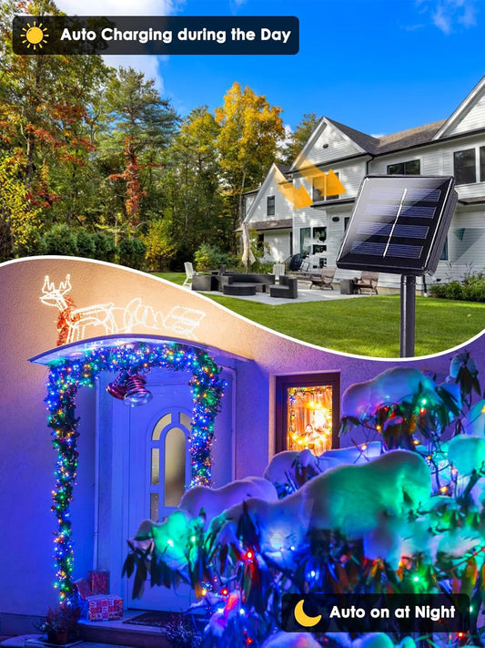2 Pack 200 LED Solar Christmas Lights Outdoor, Solar String Lights for Outside with 8 Lighting Modes, Waterproof Green Wire Solar Powered Tree Light for Xmas Party Yard Garden Decorations (Multicolor)