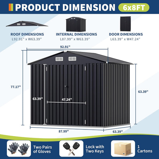6x8 FT Metal Storage Sheds Outdoor, Metal Yard Sheds MetalGarden Shed Kit, MetalTool Shed with Lockable Door, Utility Buildings with Air Vent for Backyard Garden Patio Lawn