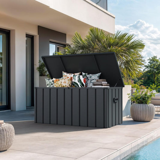 PURPLE LEAF Outdoor Deck Box 100 Gallon Waterproof Lockable Storage Box Container with Lid Deck Organization for Patio Cushions Side Table Pool Accessories Garden Tools, Gray