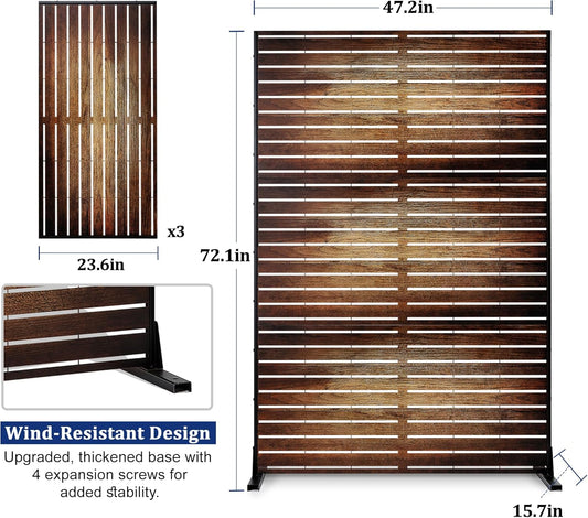 FENCY Outdoor Privacy Screen, 72" H×47" W Metal Patio Privacy Screen, Freestanding Decorative for Deck Balcony Patio Vintage Wood Color