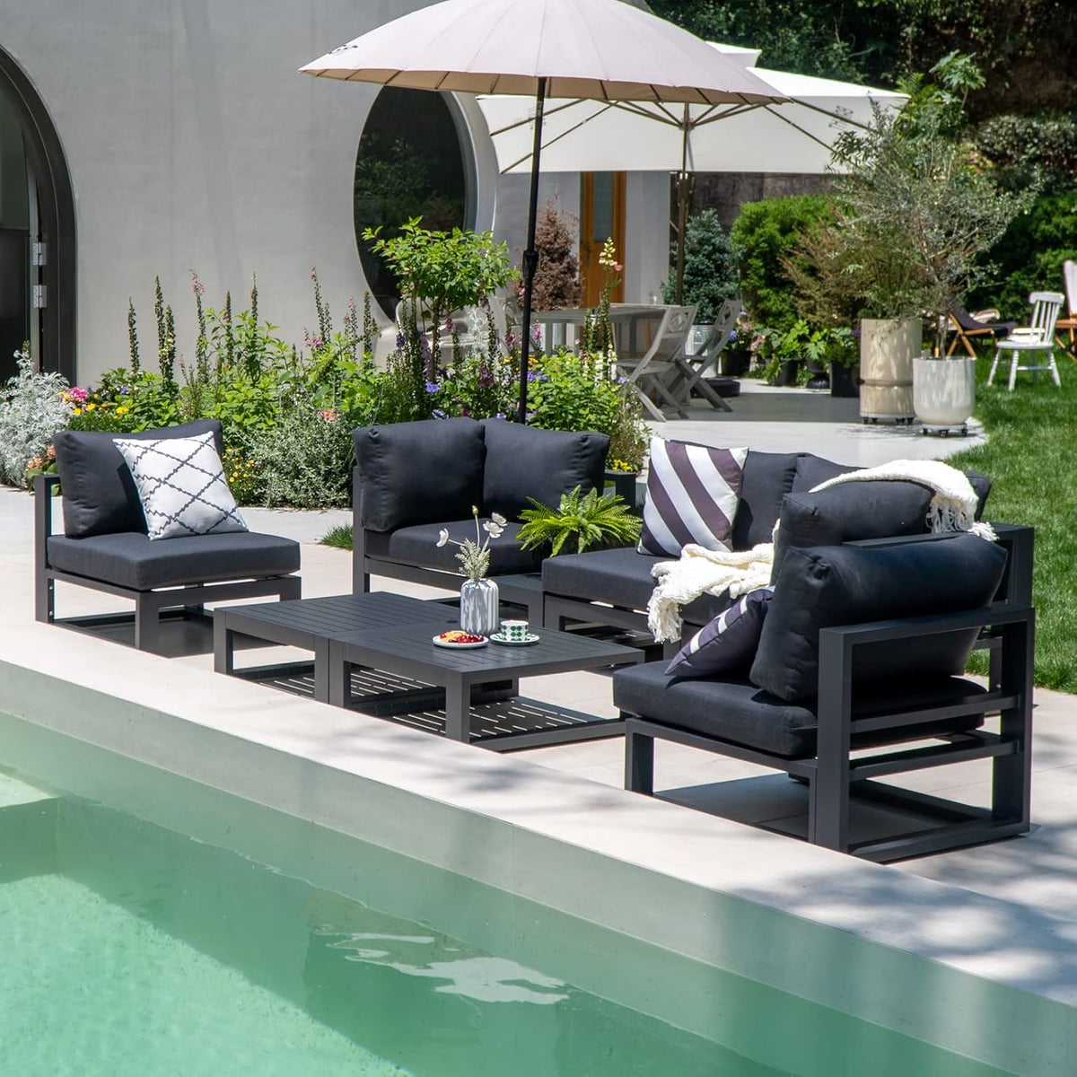 6 Pieces Outdoor Modular Sectional Set Aluminum Patio Conversation Sofa Sets with Armless Sofas, Square Coffee Table, Dark Grey Cushions