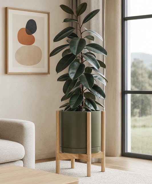 D'vine Dev Ceramic Planter with Natural Stand - 12 Inch Modern Round Flower Pot with Wood Planter Holder, Olive, 55-B-J-J