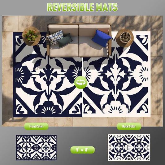 WILDROOTS 5x8 Feet Klein Plastic Outdoor Rug, Stain Resistant Waterproof Reversible Outdoor Patio Rug, Fade Resistant Camping Rug