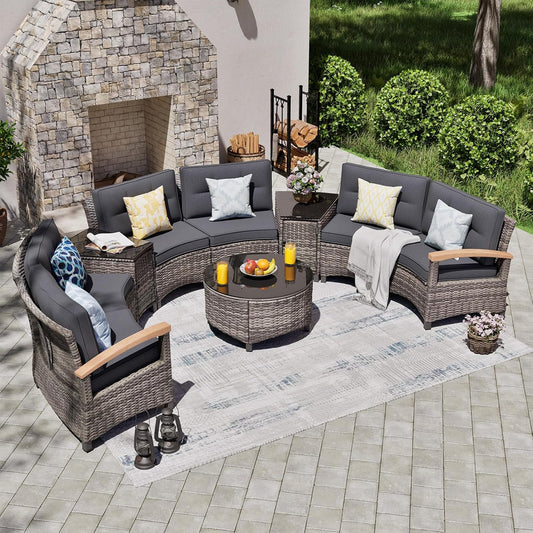 9 Piece Outdoor Patio Furniture Set, Half-Moon Curved Sectional Sofa Rattan Conversation Set with Wood Armrests, Coffee Table & Side Table(Grey)