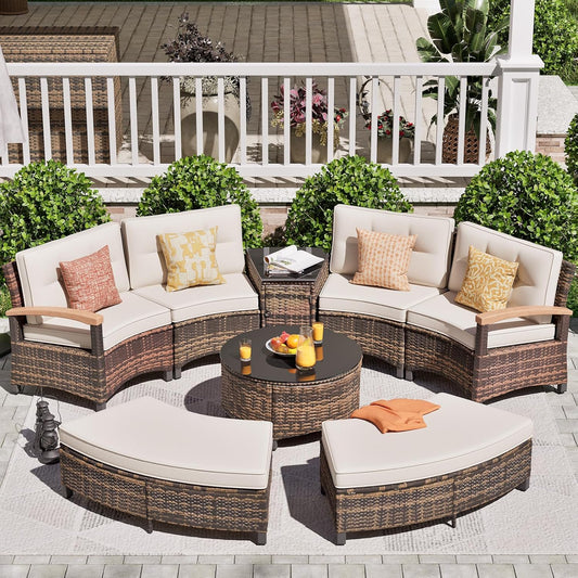 8 Piece Outdoor Patio Furniture Set, Half-Moon Curved Sectional Set with Wood Armrests, Patio Conversation Set, 2 Half-Moon Ottomans,Coffee & Side Tables (Brown)